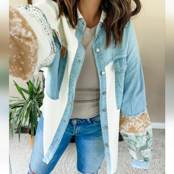 New! POL Oversized Contrast Denim Ivory Fabric Panels Button Down Shacket S - Picture 13 of 13